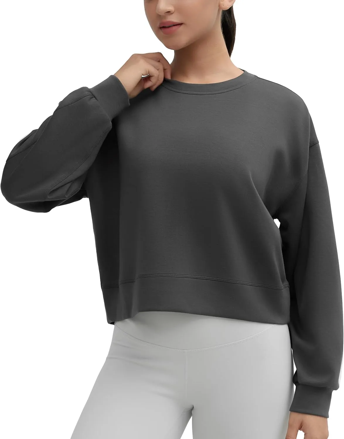 THE GYM PEOPLE Women's Crewneck Cropped Pullover Sweatshirt Cute Basic Long Sleeves Workout Tops