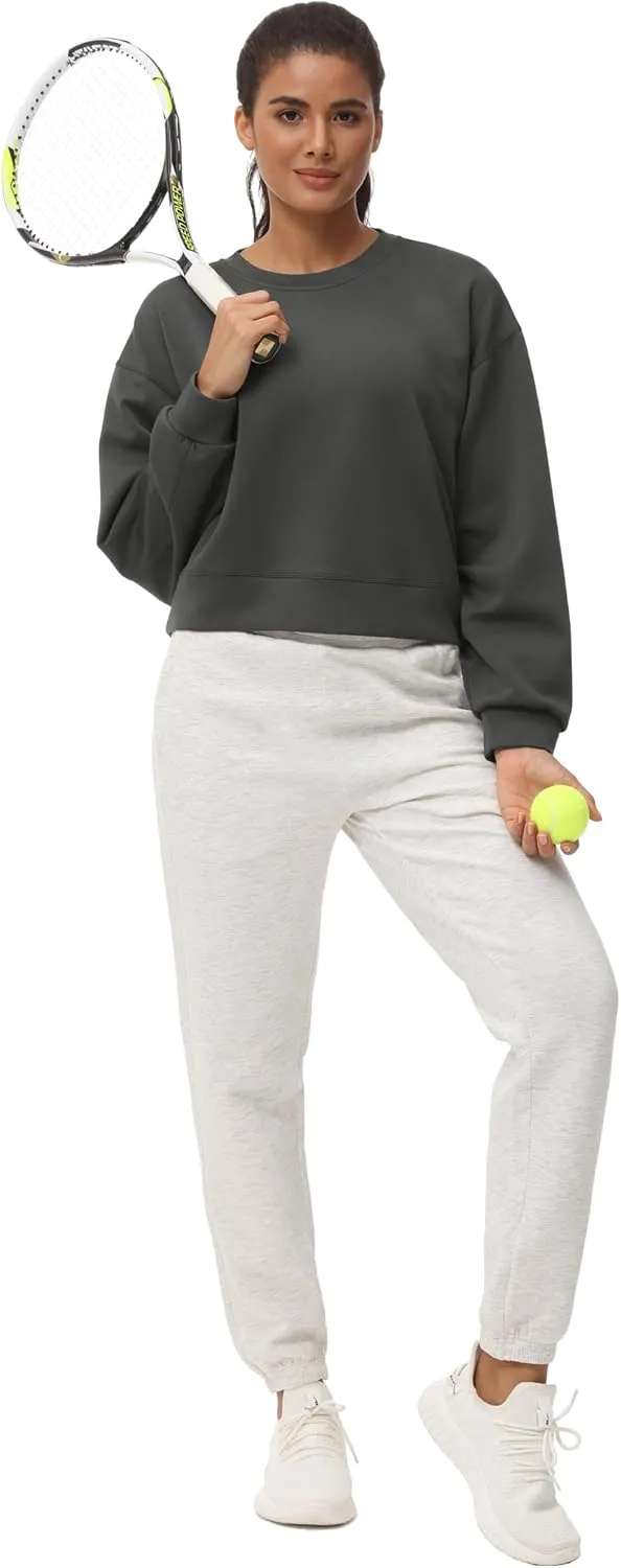 THE GYM PEOPLE Women's Crewneck Cropped Pullover Sweatshirt Cute Basic Long Sleeves Workout Tops