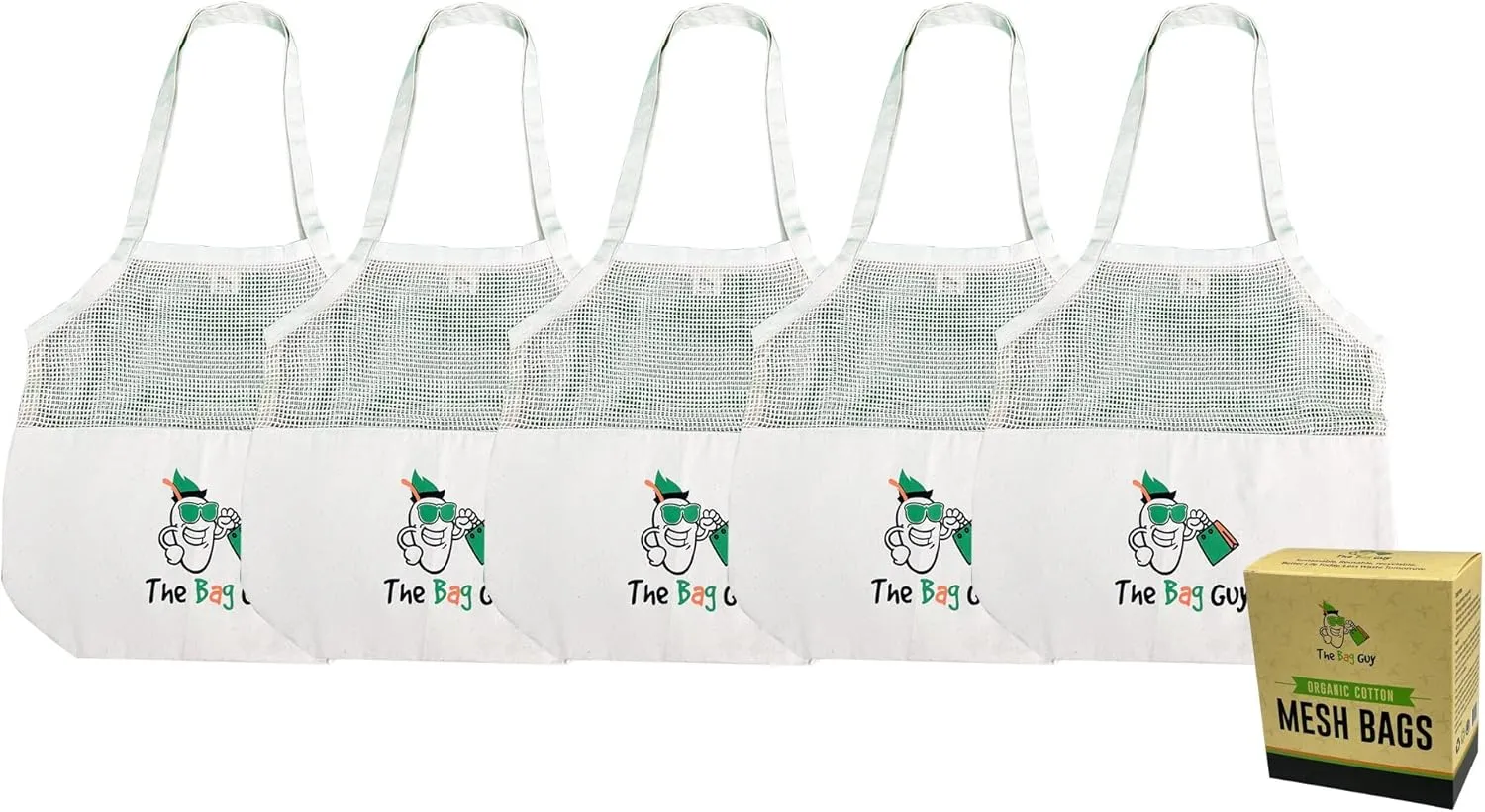 TheBagGuy - Organic Cotton Mesh Bags | Reusable Vegetable Produce Bags | Multipurpose Biodegradable Zero Waste Grocery Bag | Washable | Food Safe | Drawstring Closure | Quality Double Stitched(6 Pack)