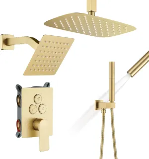 Thermostatic Shower System Brushed Gold, Push Button Diverter Shower Faucet with 2 in 1 Handheld, Ceiling Mount 12 Inch Shower Head with 6 Inch Wall Mount Shower Head