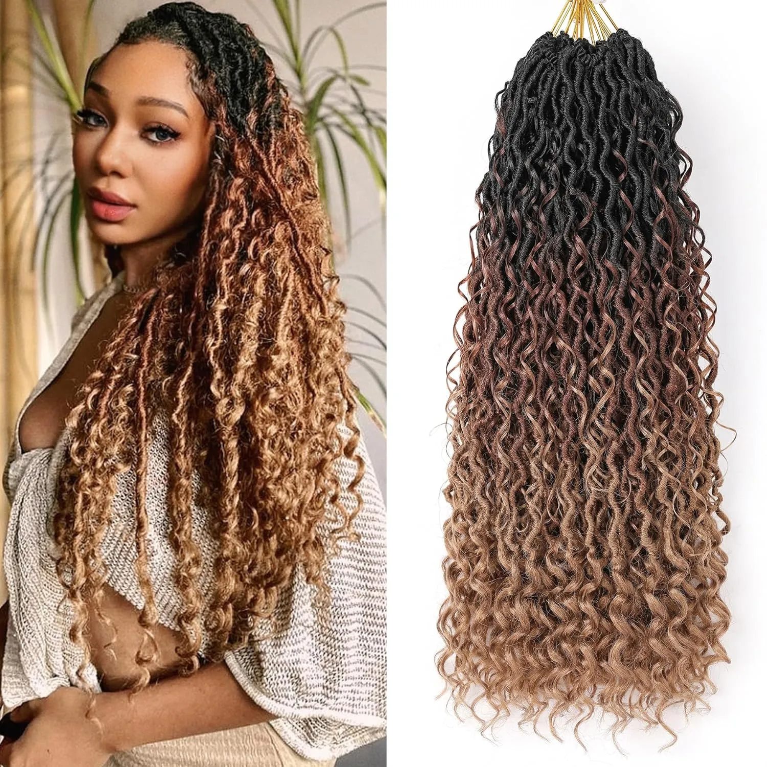 Three Tone Boho Goddess Locs Crochet Hair 22 Inch, 8 Packs Goddess Faux Locs Crochet Hair With Curly Ends, Long Pre Looped Hippie Locs For Black Women Crotchet Braids(22in,T1B/30/27#)