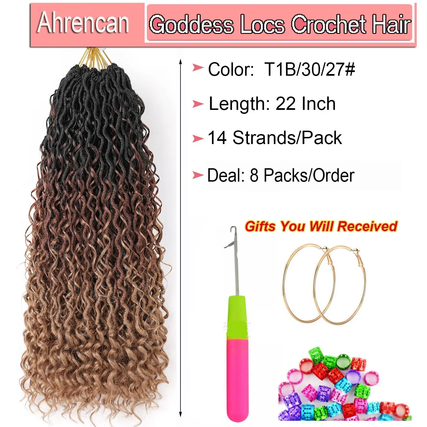 Three Tone Boho Goddess Locs Crochet Hair 22 Inch, 8 Packs Goddess Faux Locs Crochet Hair With Curly Ends, Long Pre Looped Hippie Locs For Black Women Crotchet Braids(22in,T1B/30/27#)