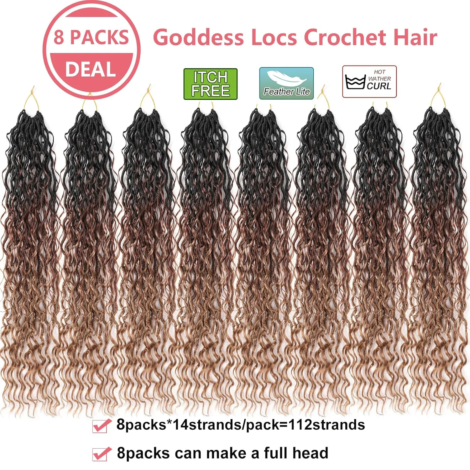 Three Tone Boho Goddess Locs Crochet Hair 22 Inch, 8 Packs Goddess Faux Locs Crochet Hair With Curly Ends, Long Pre Looped Hippie Locs For Black Women Crotchet Braids(22in,T1B/30/27#)