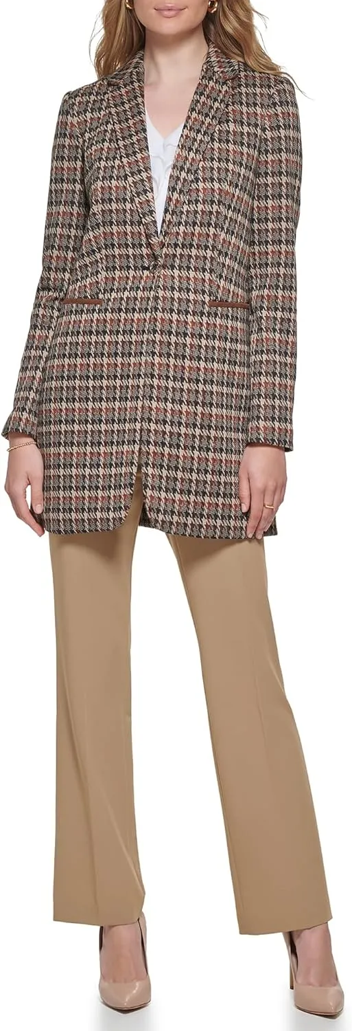 Tommy Hilfiger Women's Long Plaid Fitted Single Button Blazer