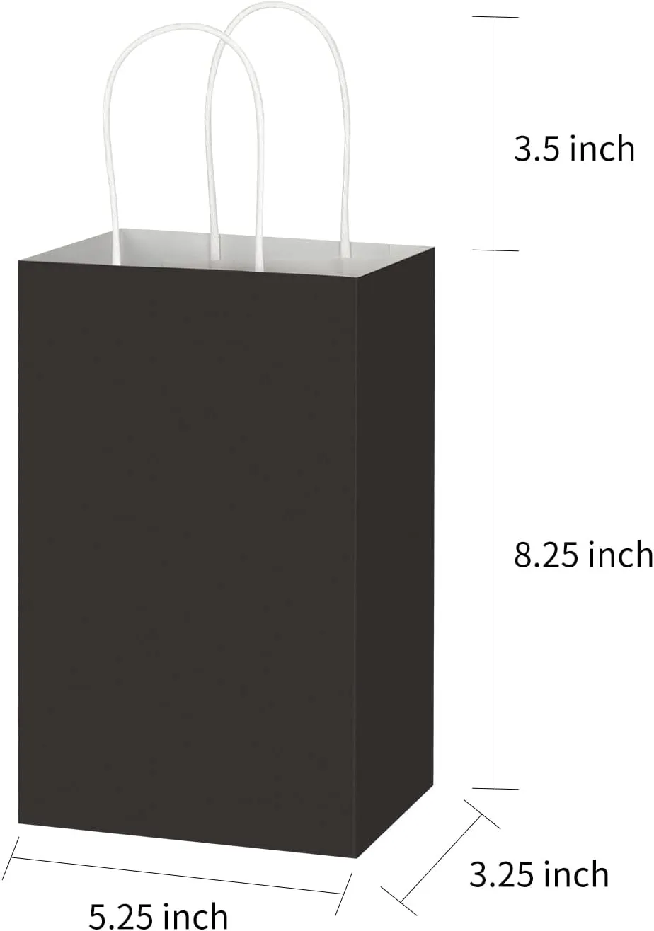 Toovip 50 Pack 5.25x3.25x8.25 Inch Small Black Kraft Paper Bags with Handles Bulk, Gift Wrap Bags for Favor Grocery Retail Party Birthday Shopping Business Goody Craft Merchandise Take Out Cub Sacks