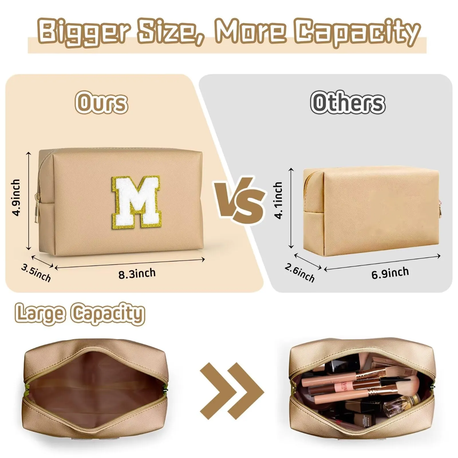 TOPEAST Preppy Makeup Bag, Personalized Initial Bags with Zipper, Cute Makeup Pouch, PU Leather Waterproof Cosmetic Bag, Birthday Gift for Daughter, Preppy Things for Girls (Khaki A)