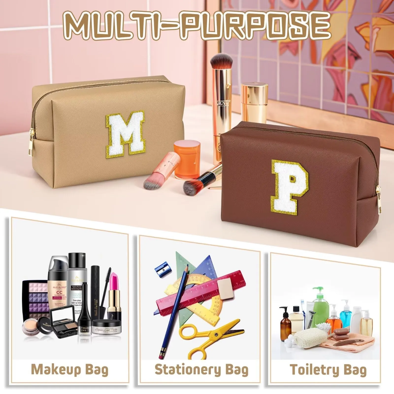 TOPEAST Preppy Makeup Bag, Personalized Initial Bags with Zipper, Cute Makeup Pouch, PU Leather Waterproof Cosmetic Bag, Birthday Gift for Daughter, Preppy Things for Girls (Khaki A)