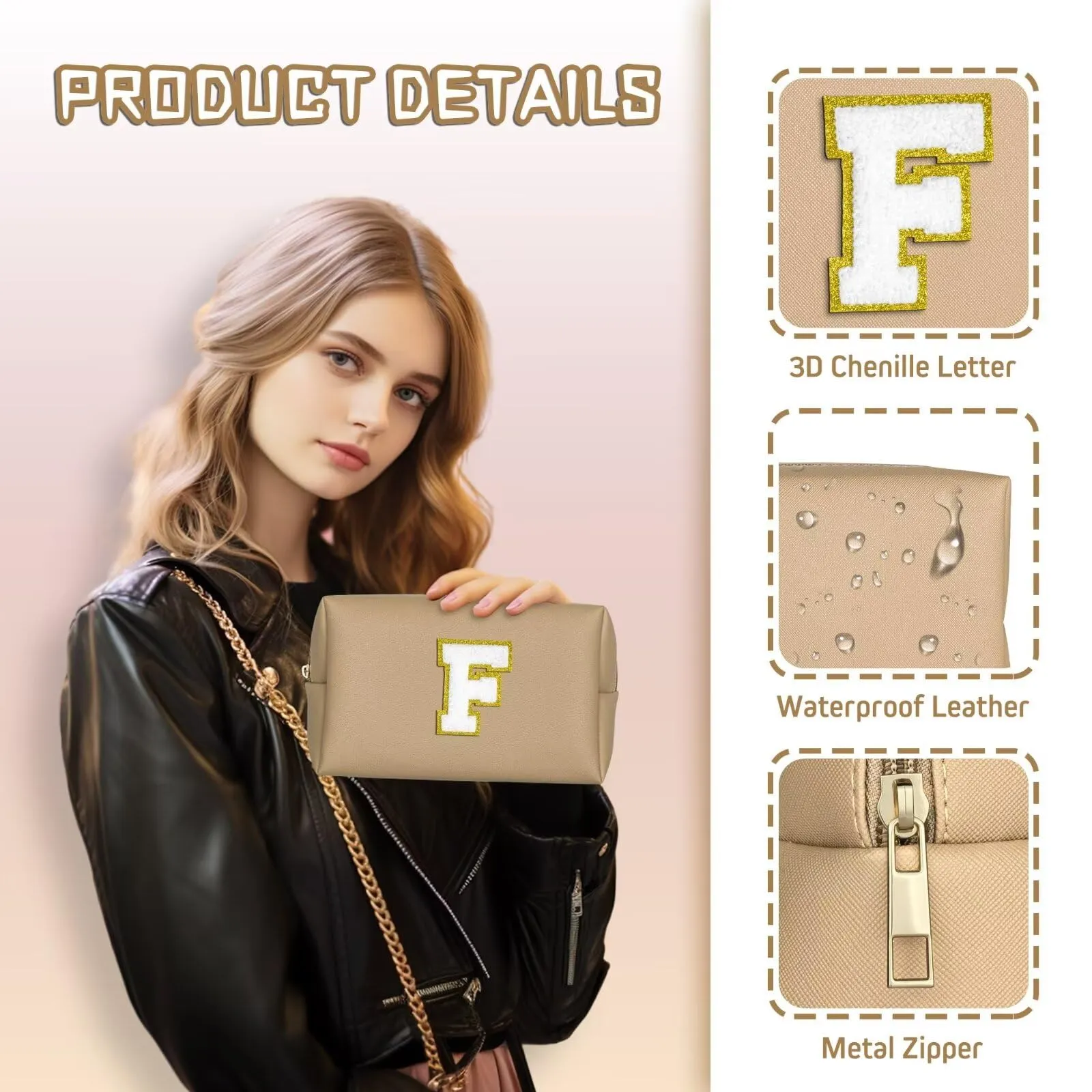 TOPEAST Preppy Makeup Bag, Personalized Initial Bags with Zipper, Cute Makeup Pouch, PU Leather Waterproof Cosmetic Bag, Birthday Gift for Daughter, Preppy Things for Girls (Khaki A)