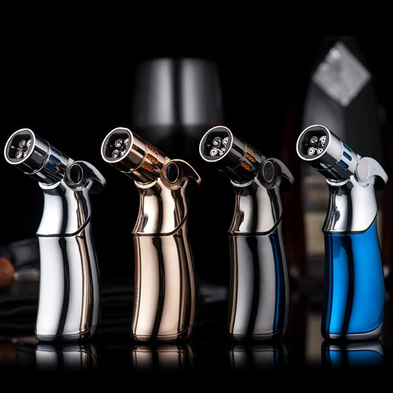 Torch Lighter, Windproof Straight Torch Blue Flame Lighter, Adjustable 4 Jet Flame Refillable Butane Refill Portable Lighter Cool Pocket Lighter for Grill BBQ Candles Camping (Black)