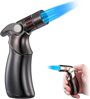 Torch Lighter, Windproof Straight Torch Blue Flame Lighter, Adjustable 4 Jet Flame Refillable Butane Refill Portable Lighter Cool Pocket Lighter for Grill BBQ Candles Camping (Black)
