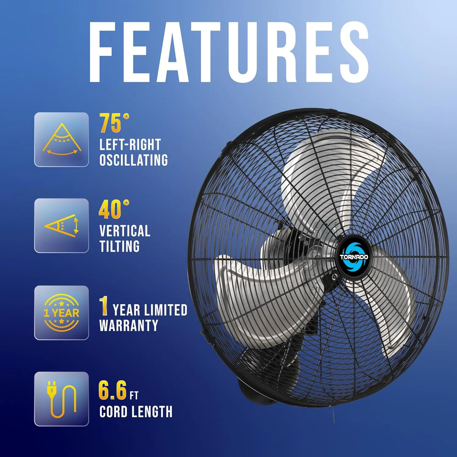 Tornado 20 Inch Pro Series High Velocity Oscillating Wall Mount Fan For Industrial, Commercial, Residential Use 3 Speed 5250 CFM UL Safety Listed