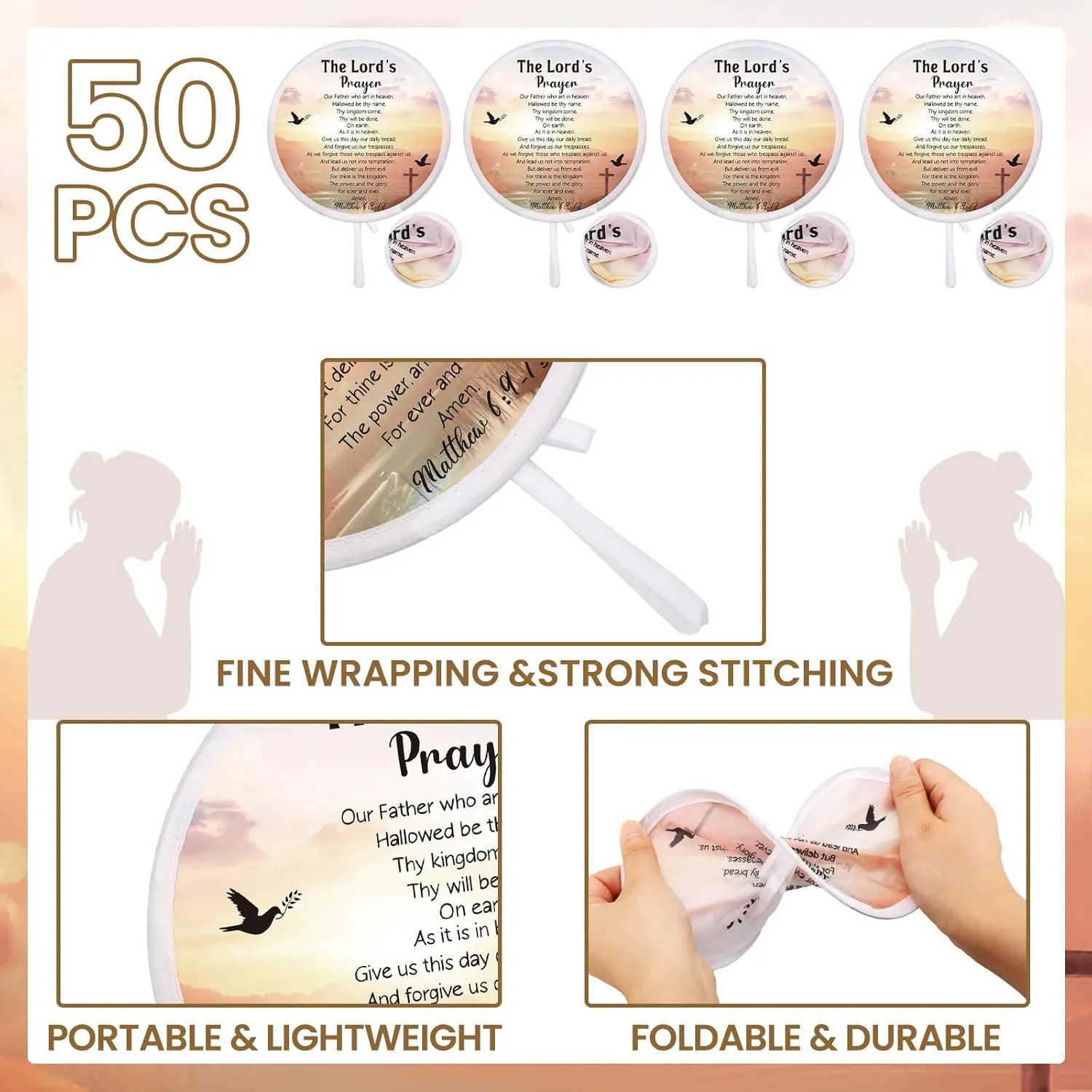 Tradder 50 Pcs Christian Religious Church Fans Folding Hand Fans Wedding Fans for Guests Decorative Foldable Collapsible Hand Fan for Women Outdoor Church Services Summer Christian Gifts (Classic)