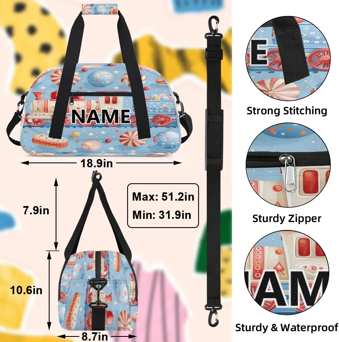 Train Mini Gym Bag 18 inch for Women Men Waterproof Custom Sweet Candy Travel Duffel Bag Carry On Overnight Tote Nurse Bag for Work Fitness Hiking