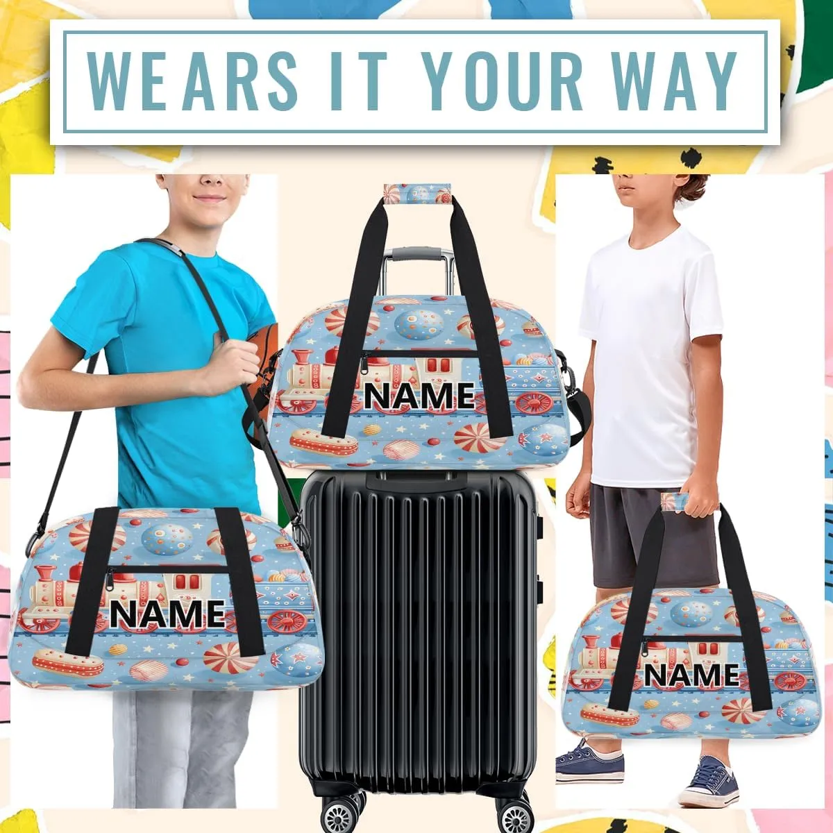 Train Mini Gym Bag 18 inch for Women Men Waterproof Custom Sweet Candy Travel Duffel Bag Carry On Overnight Tote Nurse Bag for Work Fitness Hiking