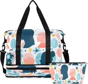 Travel Duffel Bag A Mental Health Pattern Focused on Head Images Colorful There Are Flowers and Calm Elements in The Gym Duffel Bag for Men & Women with Shoe & Wet Compartment Shoulder Weekender Ove