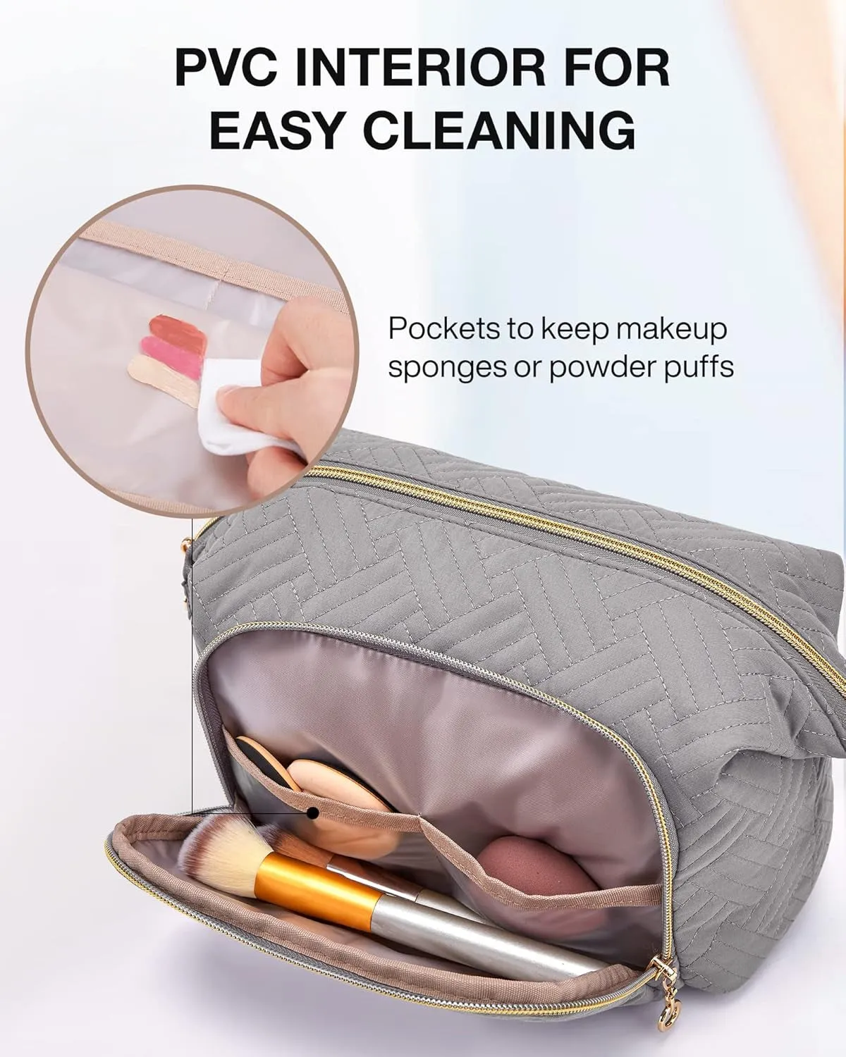 Travel Makeup Bag, Cosmetic Bag Make up Organizer Case,Large Wide-Open Pouch for Women Purse for Toiletries Accessories Brushes (Grey)