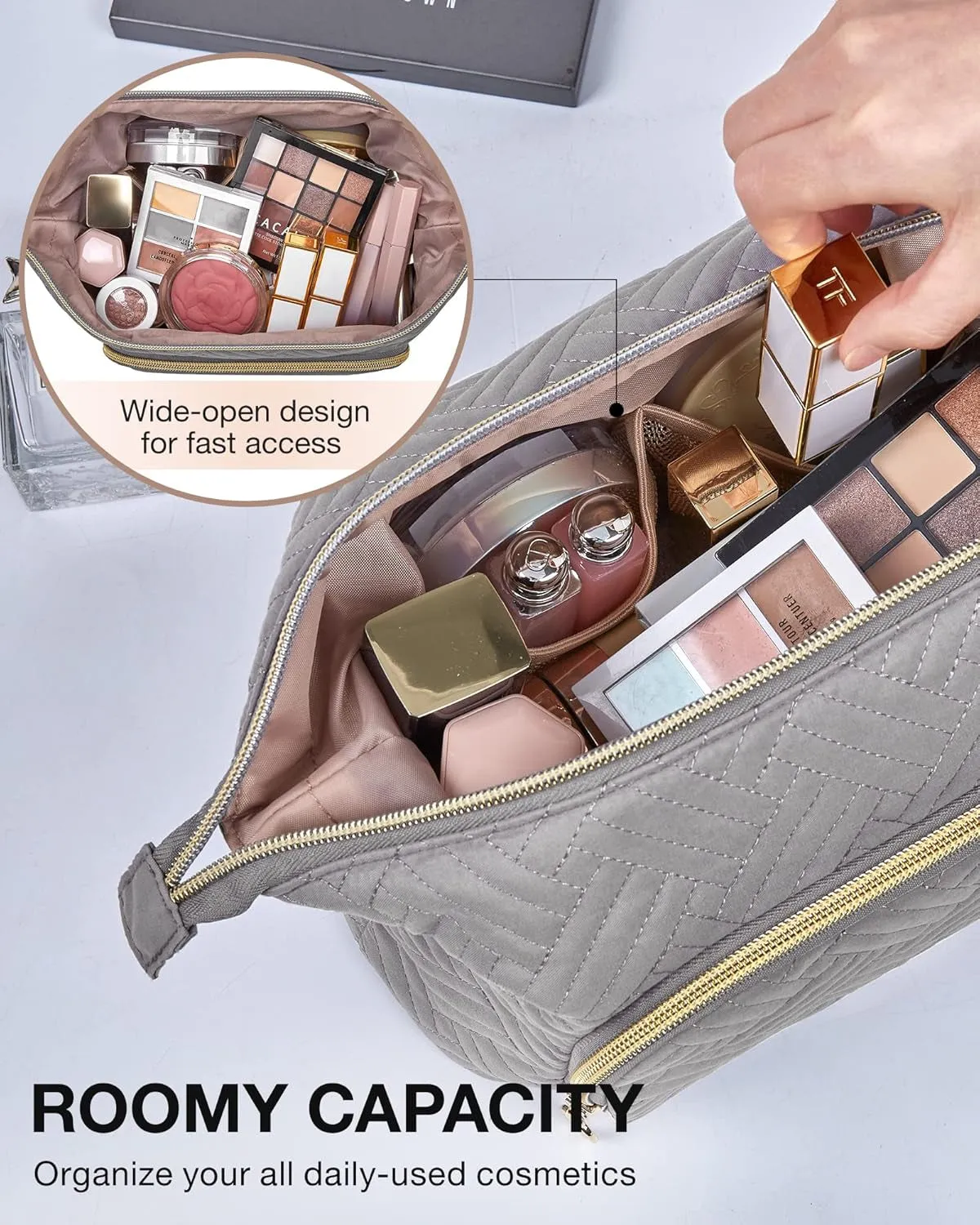 Travel Makeup Bag, Cosmetic Bag Make up Organizer Case,Large Wide-Open Pouch for Women Purse for Toiletries Accessories Brushes (Grey)