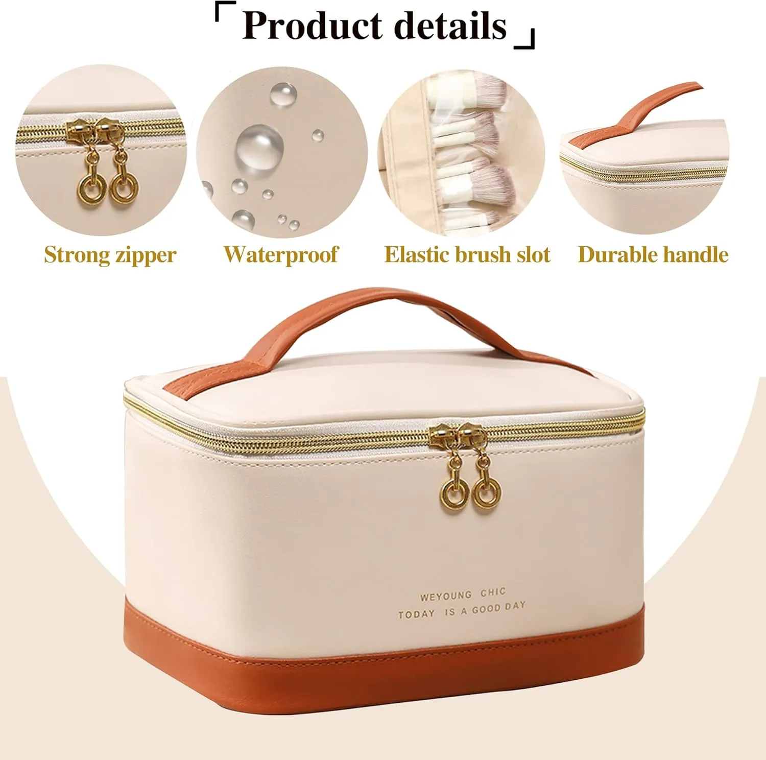 Travel Makeup Bag, Large Portable Cosmetic Bag, Waterproof PU Leather Makeup Bag Organizer for Women, Toiletry Bag with Handle and Brush Compartment for Cosmetics & Toiletries New(Beige)