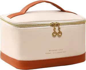 Travel Makeup Bag, Large Portable Cosmetic Bag, Waterproof PU Leather Makeup Bag Organizer for Women, Toiletry Bag with Handle and Brush Compartment for Cosmetics & Toiletries New(Beige)