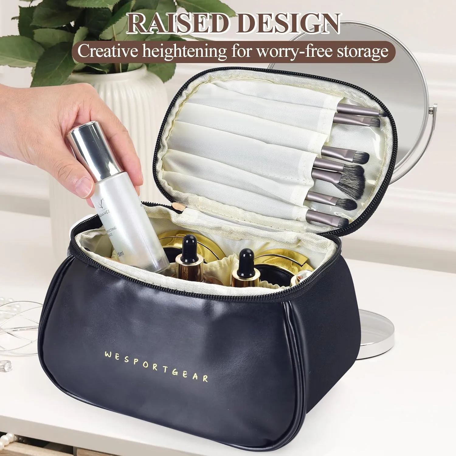 Travel Makeup Bag, Portability Travel Essentials Toiletry Bag for Women, Waterproof Large Capacity Cosmetic Bag with Compartments, Black
