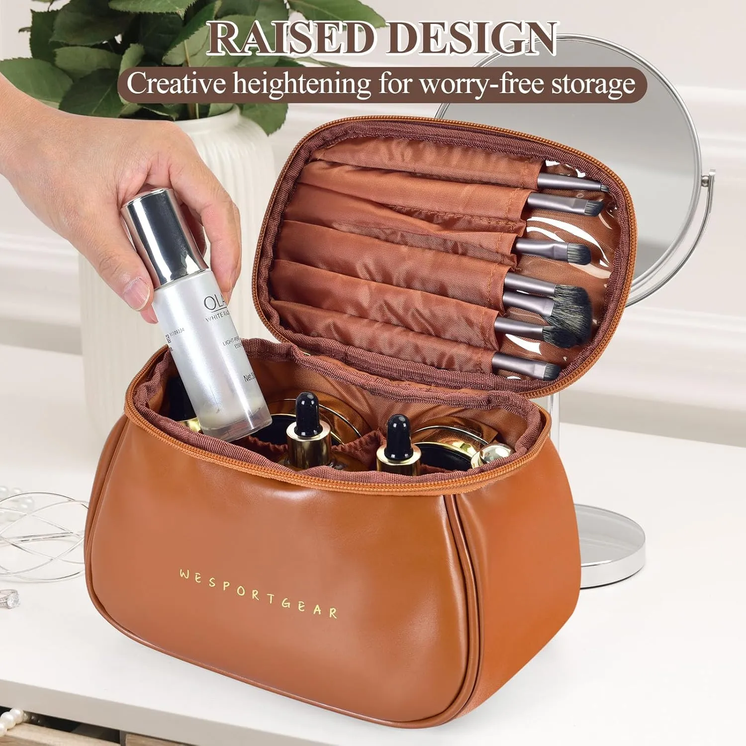 Travel Makeup Bag, Portability Travel Essentials Toiletry Bag for Women, Waterproof Large Capacity Cosmetic Bag with Compartments, Brown
