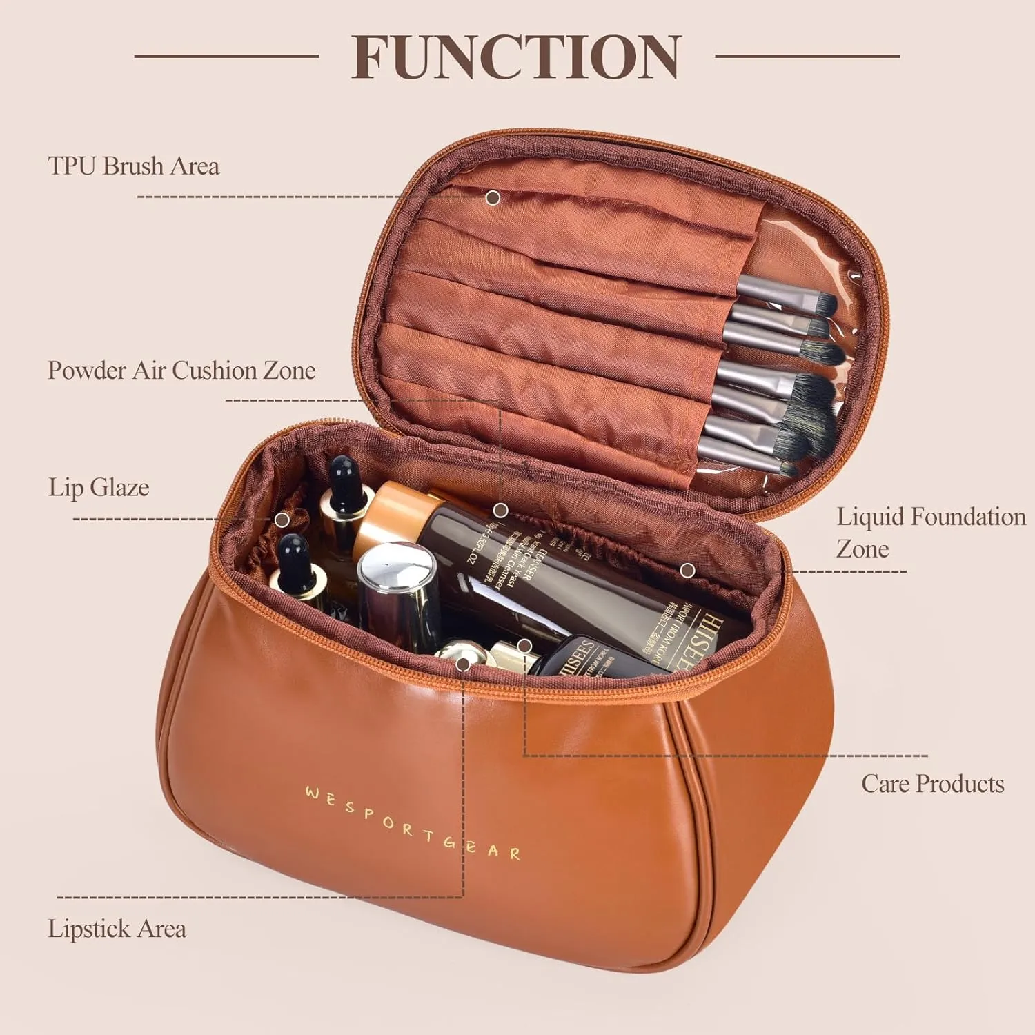 Travel Makeup Bag, Portability Travel Essentials Toiletry Bag for Women, Waterproof Large Capacity Cosmetic Bag with Compartments, Brown