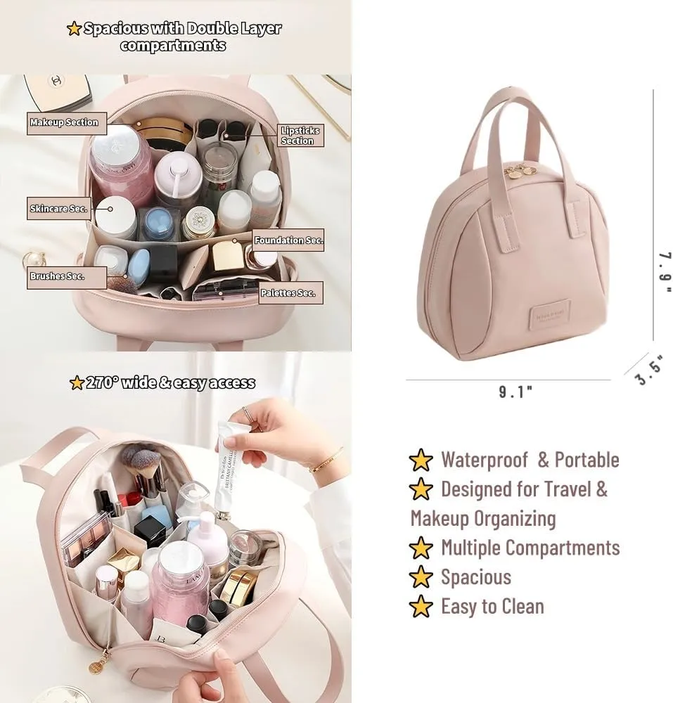 Travel Makeup Bag, Triple Layer Waterproof Toiletry Bag Large Capacity Cosmetic Bag with Handles Dividers, Makeup Organizer Pouch (Pink)