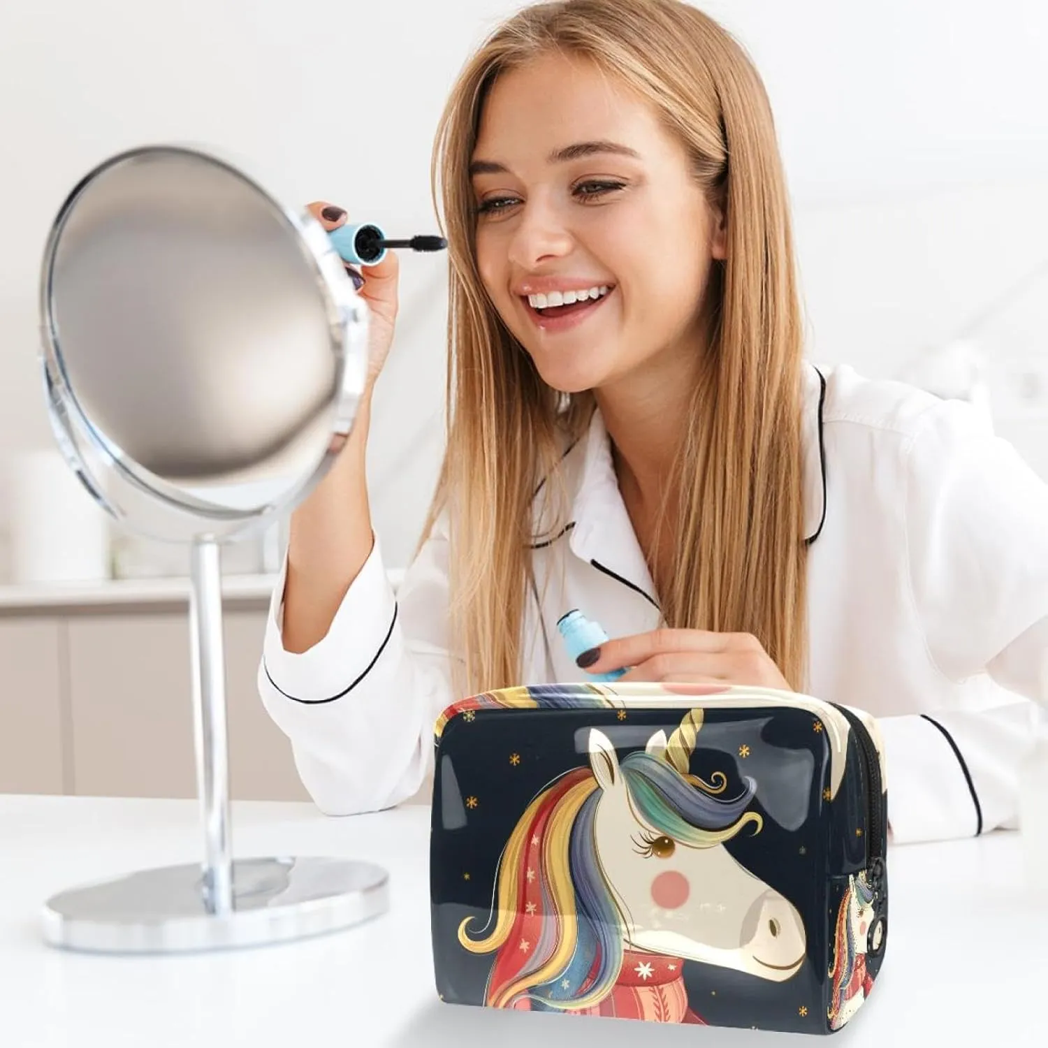 Travel Makeup Bag Unicorn Scarf Cartoon Cosmetic Bag Waterproof Brushes Storage Bag For Women Girls 7.3x3x5.1in