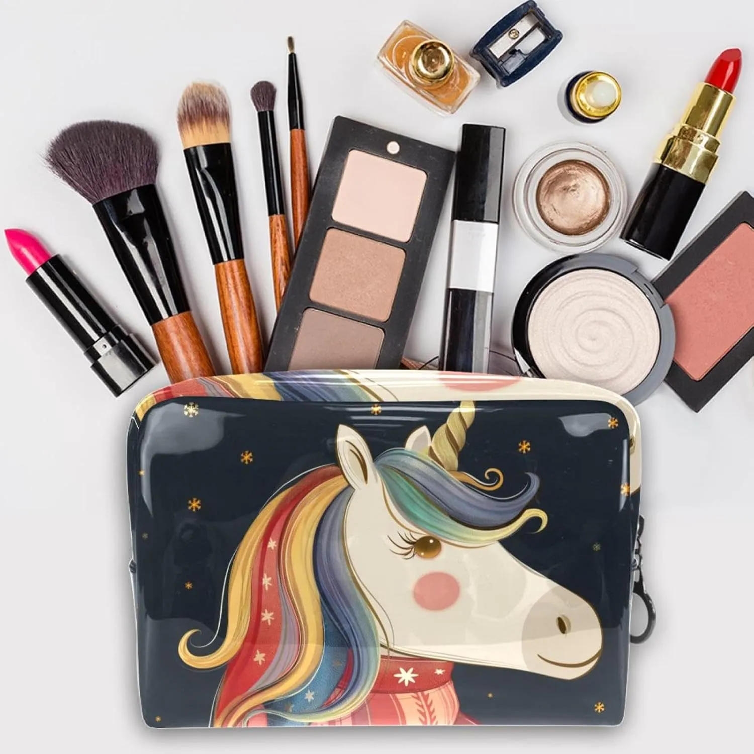 Travel Makeup Bag Unicorn Scarf Cartoon Cosmetic Bag Waterproof Brushes Storage Bag For Women Girls 7.3x3x5.1in