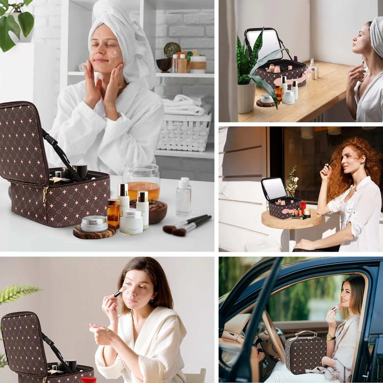 Travel Makeup Bag With 360° rotating LED Mirror,Waterproof cosmetic organizer,Portability Cosmetic case,Makeup organizer,Gift for Women,Girls Gift (Coffee   Pink)