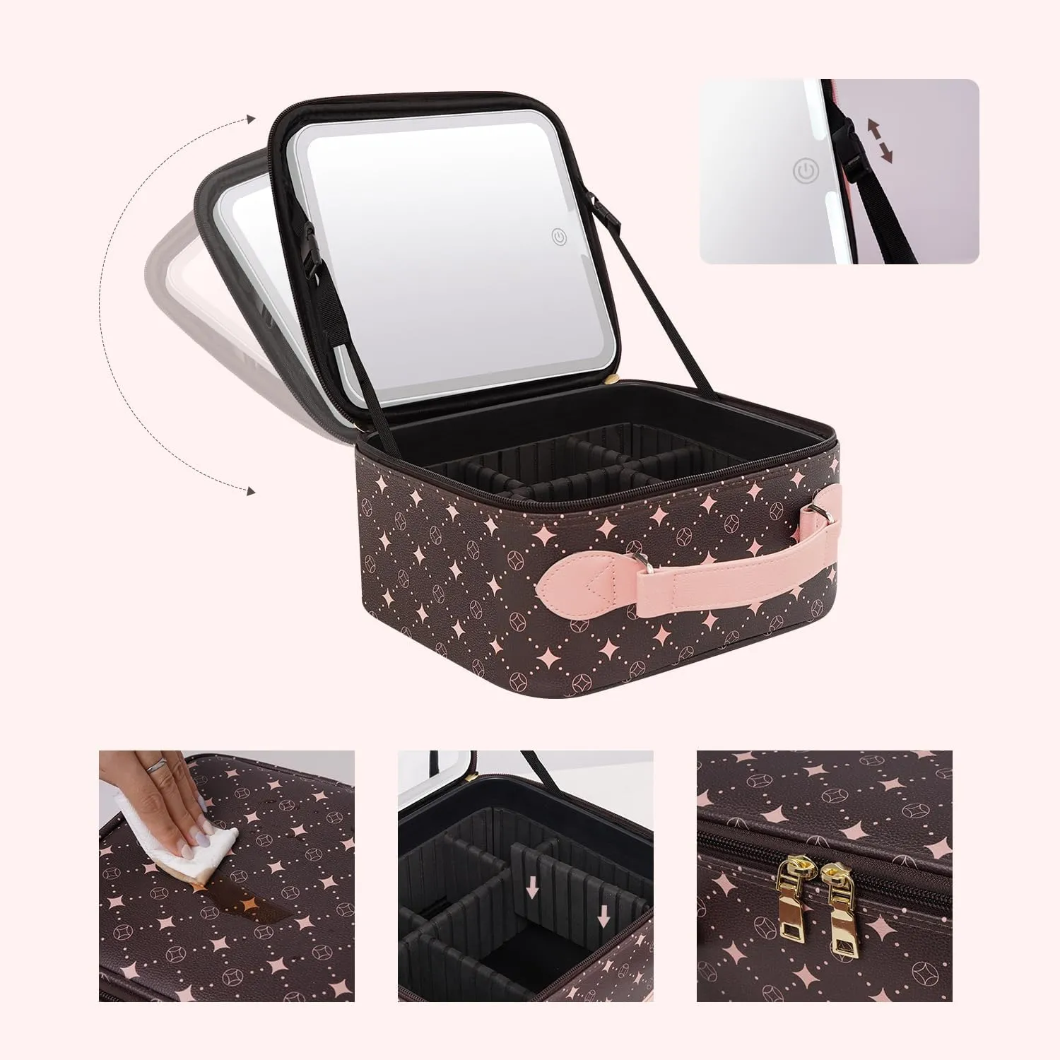 Travel Makeup Bag With 360° rotating LED Mirror,Waterproof cosmetic organizer,Portability Cosmetic case,Makeup organizer,Gift for Women,Girls Gift (Coffee   Pink)