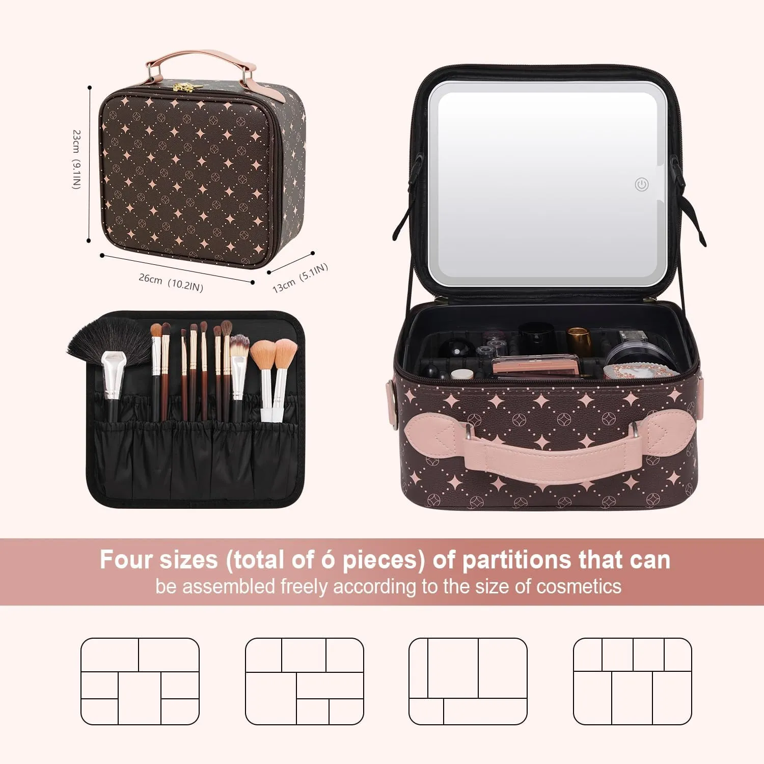 Travel Makeup Bag With 360° rotating LED Mirror,Waterproof cosmetic organizer,Portability Cosmetic case,Makeup organizer,Gift for Women,Girls Gift (Coffee   Pink)