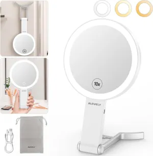 Travel Makeup Mirror with Lights, Rechargeable Double-Sided 10X/1X Magnifying Mirror, Portable Lighted Beauty Mirrors, 3 Color Lighting, Dimmable Touch Screen, Tabletop Handhold Hanging(white)