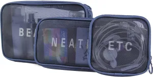 Travel Mesh Makeup Bags Set 3 Pieces See Through Zipper Pouch Cosmetic and Toiletry Organizer Bag Travel Accessories 3 Pack of S M L(Navy blue)