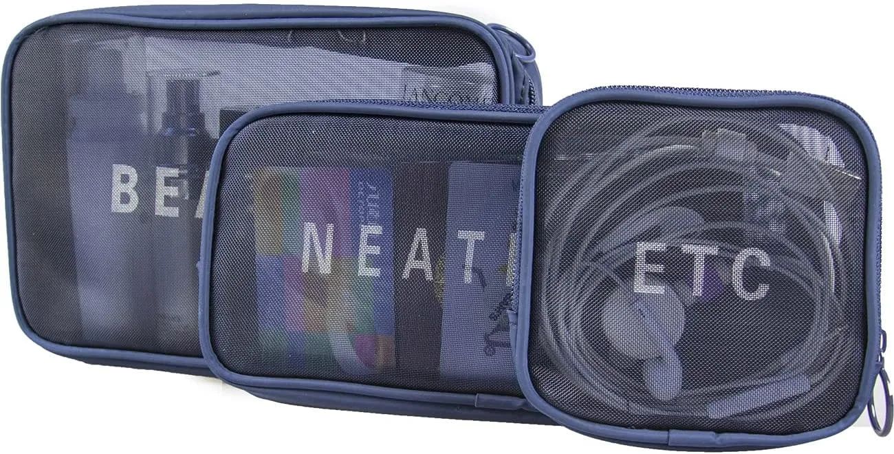 Travel Mesh Makeup Bags Set 3 Pieces See Through Zipper Pouch Cosmetic and Toiletry Organizer Bag Travel Accessories 3 Pack of S M L(Navy blue)