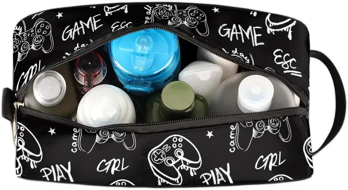 Travel Toiletry Bag for Boys Kids, Black Video Games Waterproof Hanging Dopp Kit for Men, Shaving Bag with Large Capacity for Travel, Sports, Shower