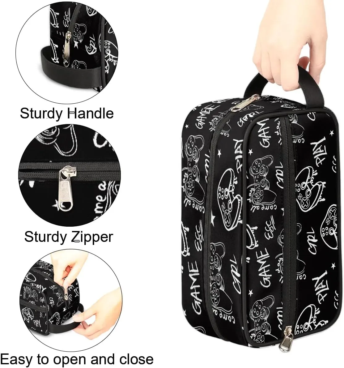 Travel Toiletry Bag for Boys Kids, Black Video Games Waterproof Hanging Dopp Kit for Men, Shaving Bag with Large Capacity for Travel, Sports, Shower
