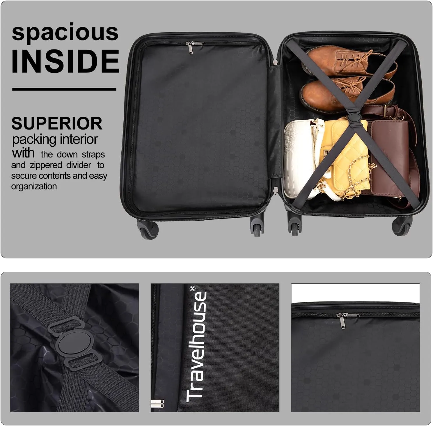 Travelhouse Hardshell Carry On Luggage Airline Approved 20" with Spinner Wheel, Hardside Check-on Luggage Suitcase,Small Travel Suitcase for Bussiness Trip and School