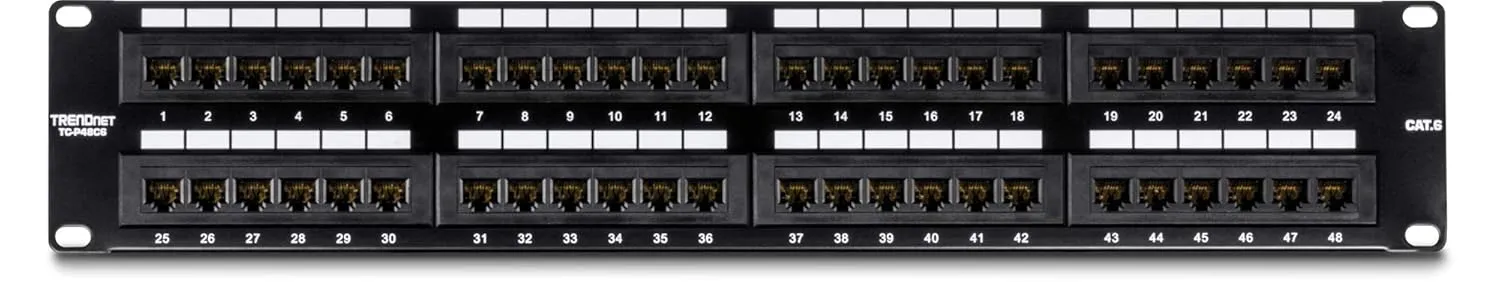 TRENDnet 48-Port Cat6 Unshielded Patch Panel, Wallmount or Rackmount, Compatible with Cat3,4,5,5e,6 Cabling, for Ethernet, Fast Ethernet, Gigabit Applications, Black, TC-P48C6
