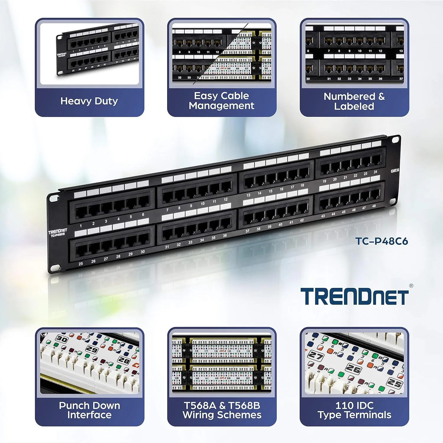 TRENDnet 48-Port Cat6 Unshielded Patch Panel, Wallmount or Rackmount, Compatible with Cat3,4,5,5e,6 Cabling, for Ethernet, Fast Ethernet, Gigabit Applications, Black, TC-P48C6