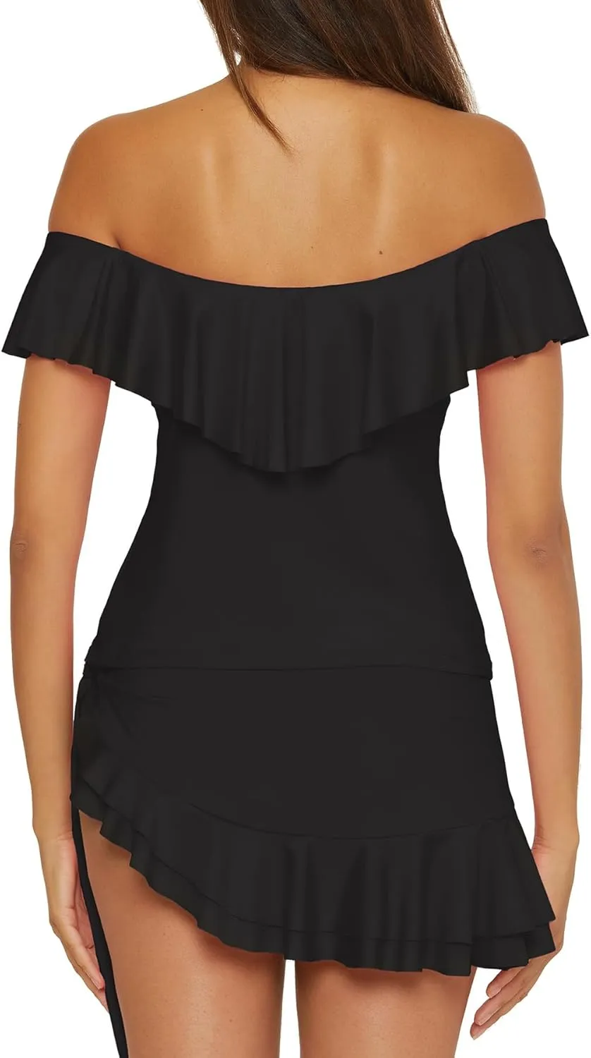 Trina Turk Women's Monaco Ruffle Tankini, Off Shoulder, Swimsuit Tops