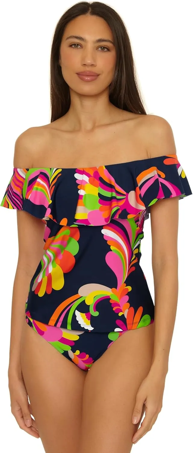 Trina Turk Women's Monaco Ruffle Tankini, Off Shoulder, Swimsuit Tops