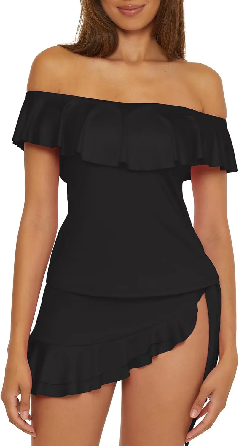 Trina Turk Women's Monaco Ruffle Tankini, Off Shoulder, Swimsuit Tops