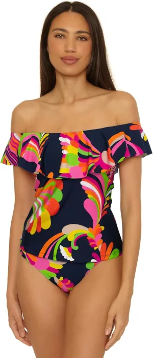Trina Turk Women's Monaco Ruffle Tankini, Off Shoulder, Swimsuit Tops