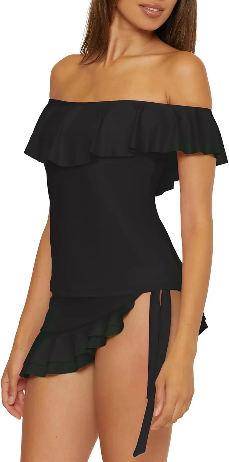 Trina Turk Women's Monaco Ruffle Tankini, Off Shoulder, Swimsuit Tops