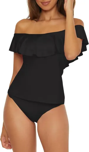 Trina Turk Women's Monaco Ruffle Tankini, Off Shoulder, Swimsuit Tops