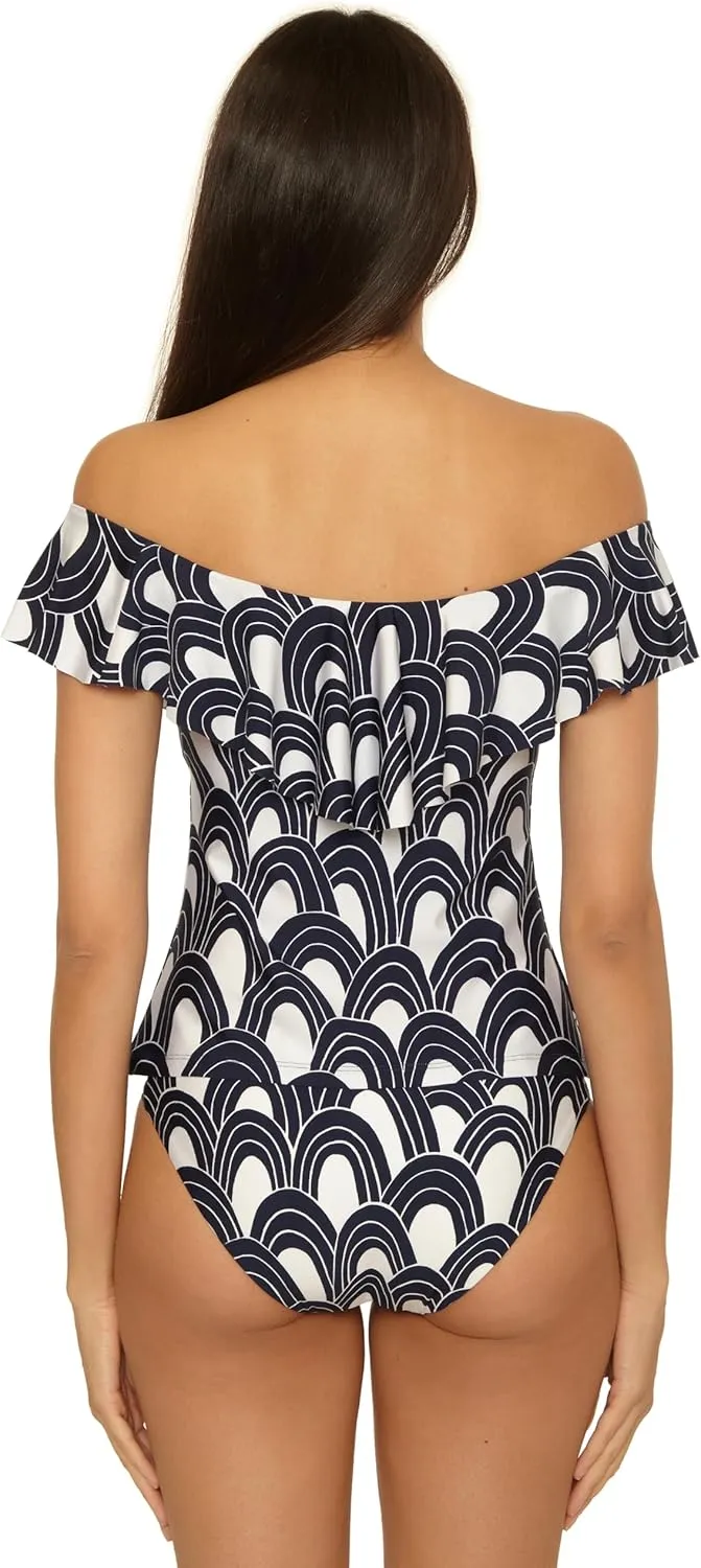 Trina Turk Women's Monaco Ruffle Tankini, Off Shoulder, Swimsuit Tops