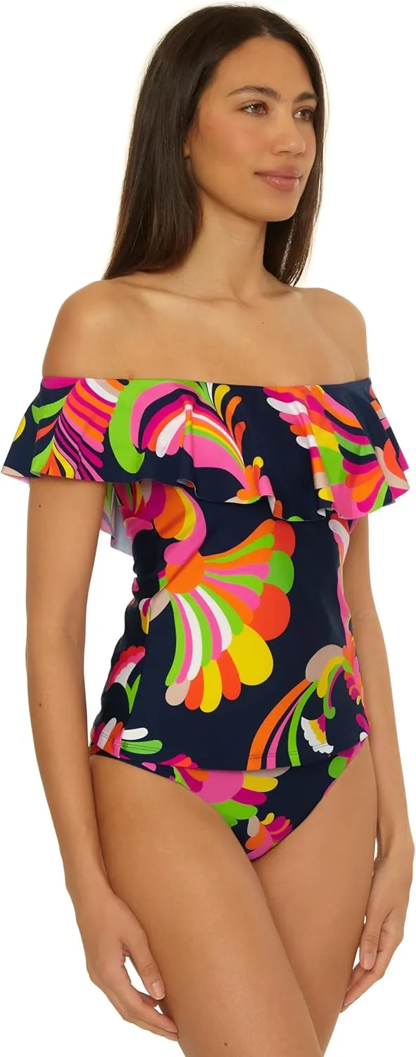 Trina Turk Women's Monaco Ruffle Tankini, Off Shoulder, Swimsuit Tops