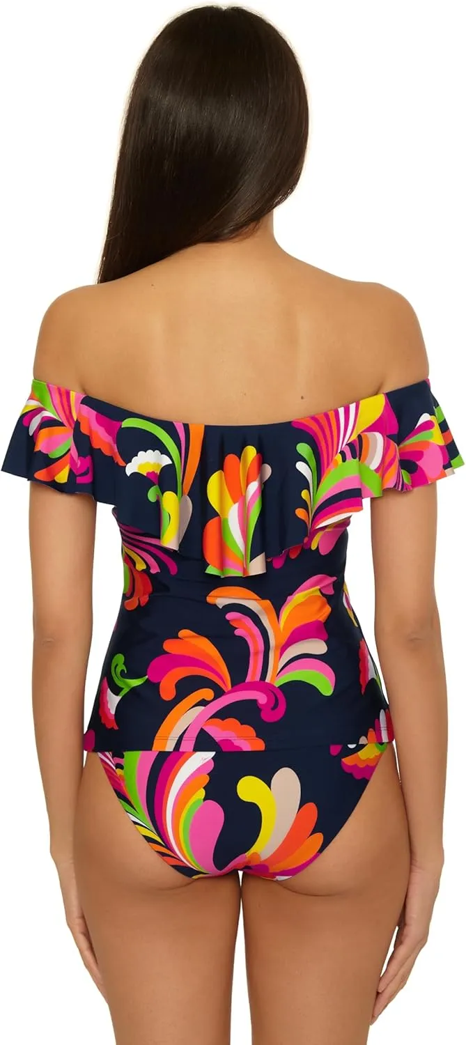 Trina Turk Women's Monaco Ruffle Tankini, Off Shoulder, Swimsuit Tops