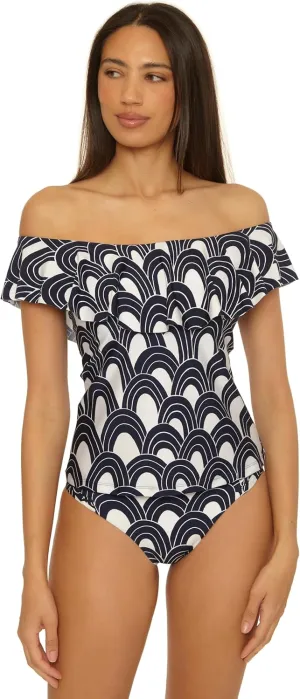 Trina Turk Women's Monaco Ruffle Tankini, Off Shoulder, Swimsuit Tops